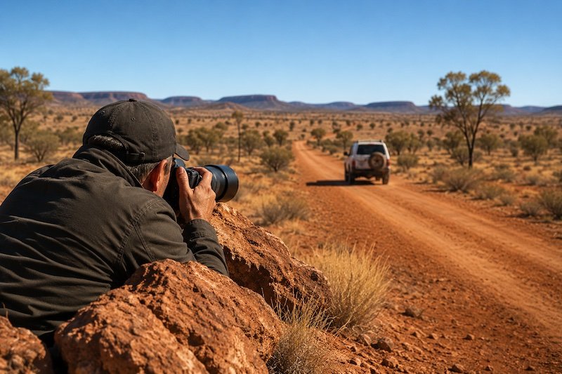 Northern Territory outback surveillance investigator and unmarked vehicle